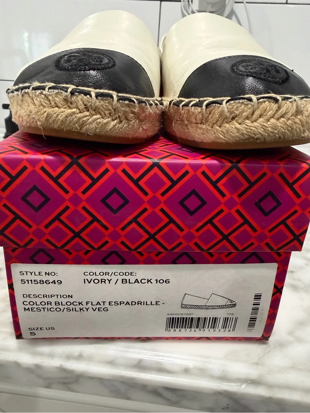 Tory Burch Two-Tone Leather Espadrille — Cream & Black